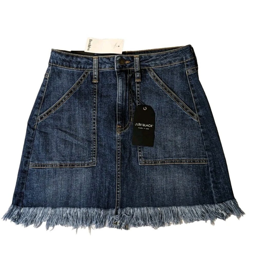 JustBlack Womens Denim Skirt Sz Small Fryed Hemline with Front Pockets